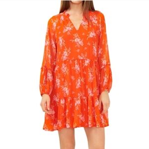 🏷️ VINCE CAMUTO Orange Floral Georgette Longsleeve Dress XXL